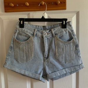 Rhinestone tassels pocket denim shorts